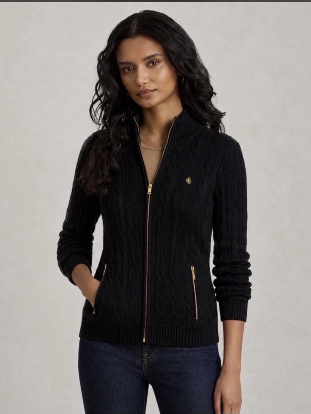 Ralph Lauren Black Cable Zip-Up Sweater with Gold Trim